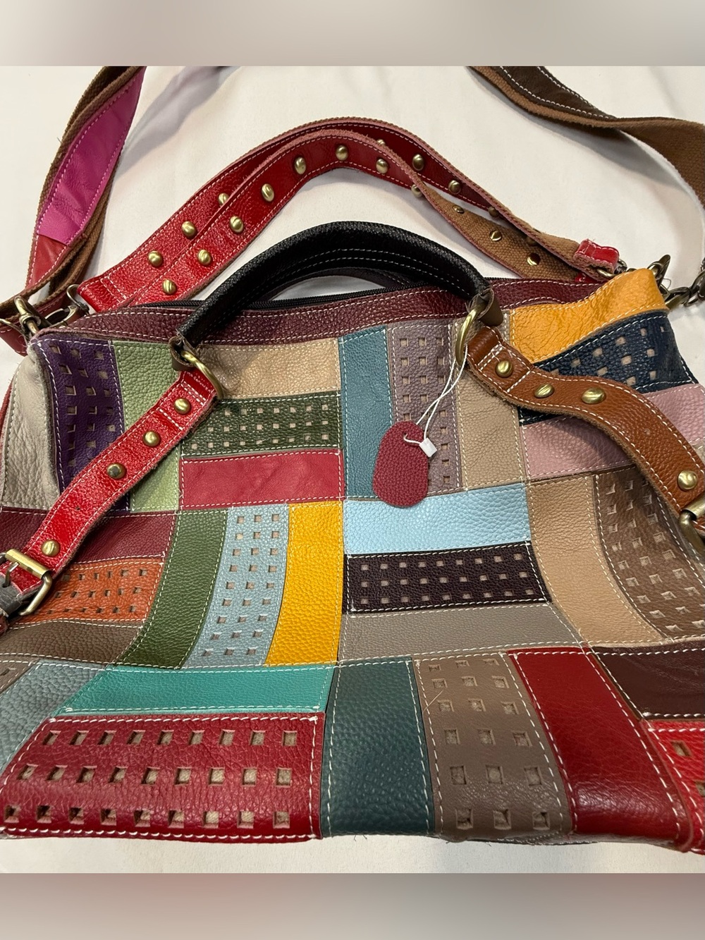 Colorful Striped Leather Shoulder Bag with Studded Strap - Picture 3 of 13